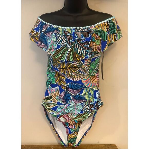 NWT La Blanca Neon Nights Off Shoulder Ruffle One Piece - Picture 3 of 9